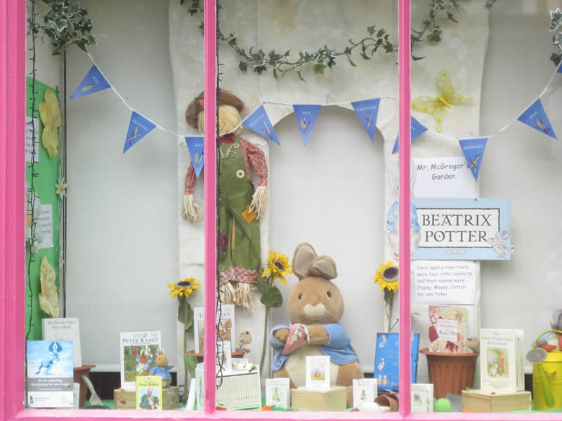 The Beatrix Potter window display at Rose's Books