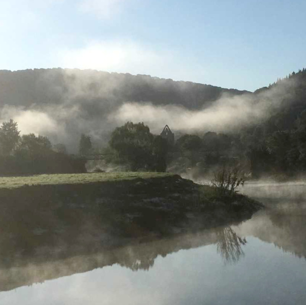 View of the misty Wye at Tintern Abbey