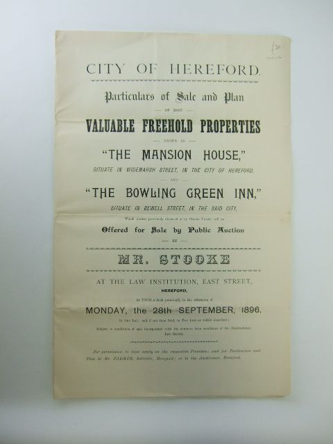 Photo of PARTICULARS OF SALE AND PLAN OF MOST VALUABLE FREEHOLD PROPERTIES KNOWN AS THE MANSION HOUSE published by Mr. Edwin Stooke (STOCK CODE: 1205906)  for sale by Stella & Rose's Books