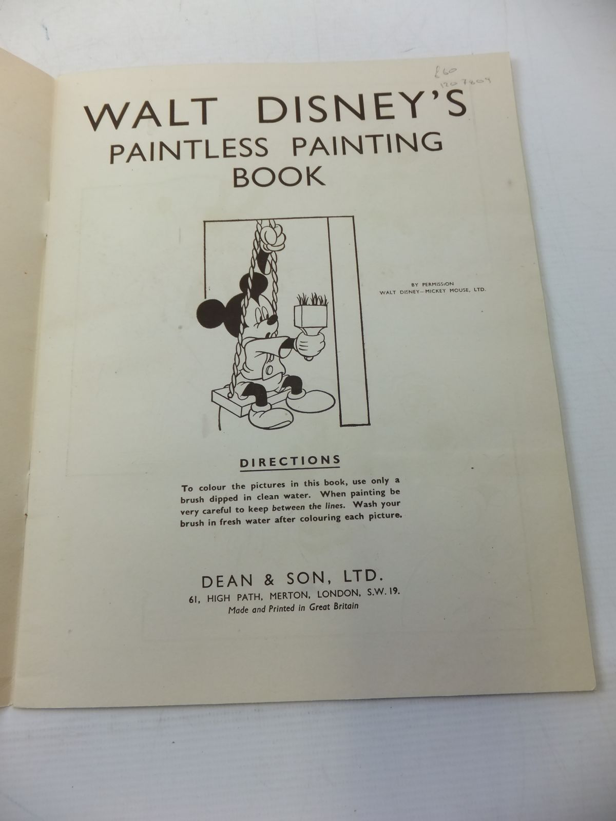 Photo of WALT DISNEY PAINTLESS PAINTING BOOK written by Disney, Walt illustrated by Disney, Walt published by Dean & Son Ltd. (STOCK CODE: 1207809)  for sale by Stella & Rose's Books
