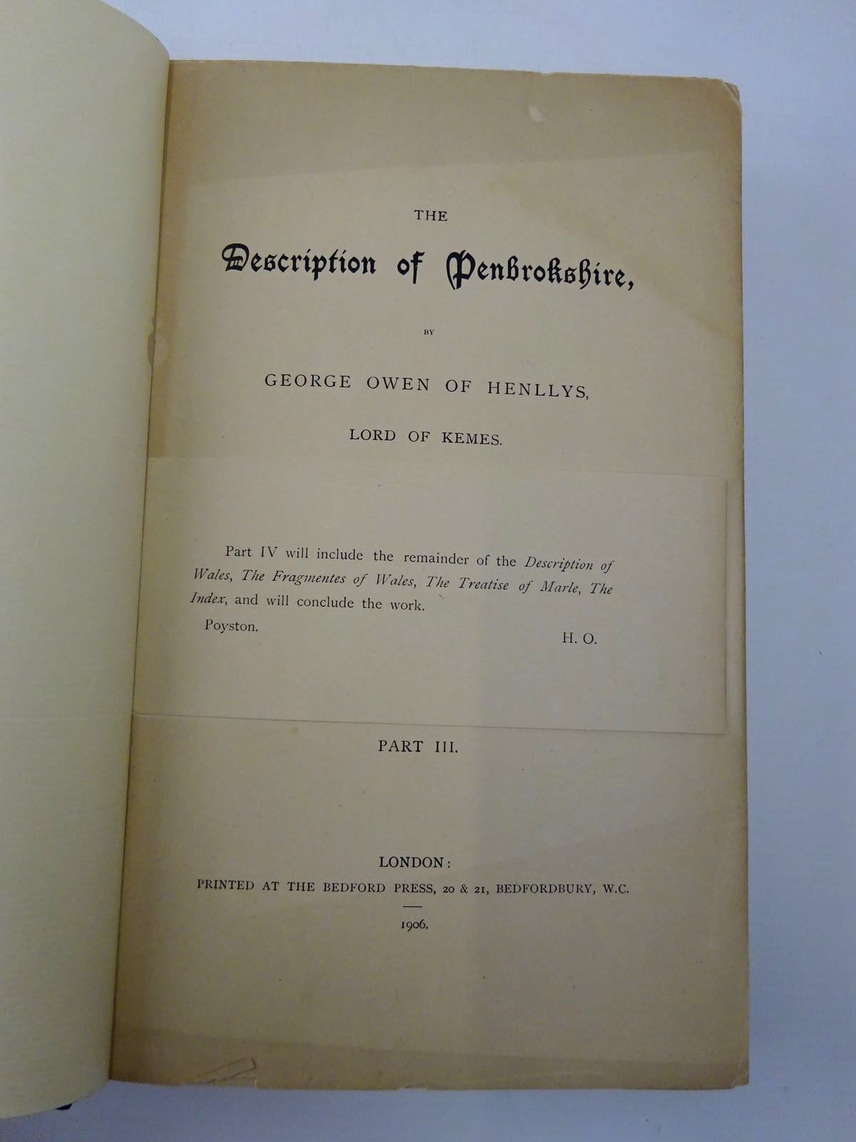 Photo of THE DESCRIPTION OF PEMBROKESHIRE (3 VOLUMES) written by Owen, George published by Chas. J. Clark, The Bedford Press, The Honourable Society of Cymmrodorion (STOCK CODE: 2129629)  for sale by Stella & Rose's Books