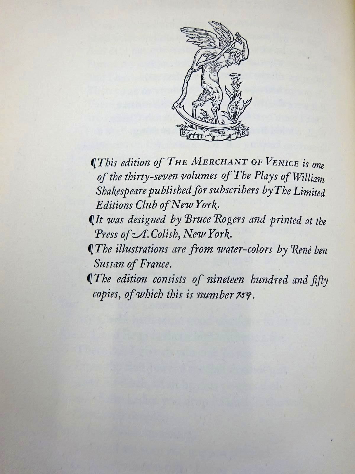 Photo of THE MERCHANT OF VENICE written by Shakespeare, William
Farjeon, Herbert illustrated by Sussan, Rene Ben published by The Limited Editions Club (STOCK CODE: 2130462)  for sale by Stella & Rose's Books