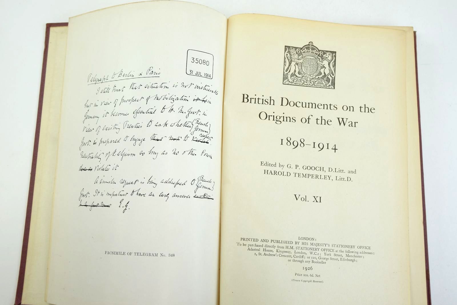 Photo of BRITISH DOCUMENTS ON THE ORIGINS OF WAR 1898-1914 VOL. XI written by Gooch, G.P.
Temperley, Harold published by His Majesty's Stationery Office (STOCK CODE: 2133253)  for sale by Stella & Rose's Books