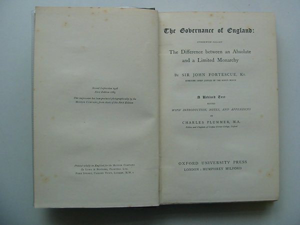 Photo of THE GOVERNMENTS OF ENGLAND written by Fortescue, John Plummer, Charles published by Oxford University Press (STOCK CODE: 988038)  for sale by Stella & Rose's Books